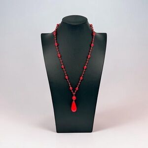 Vintage Czech Glass Lipstick Red Art Deco Necklace 28” Made in Czechoslovakia